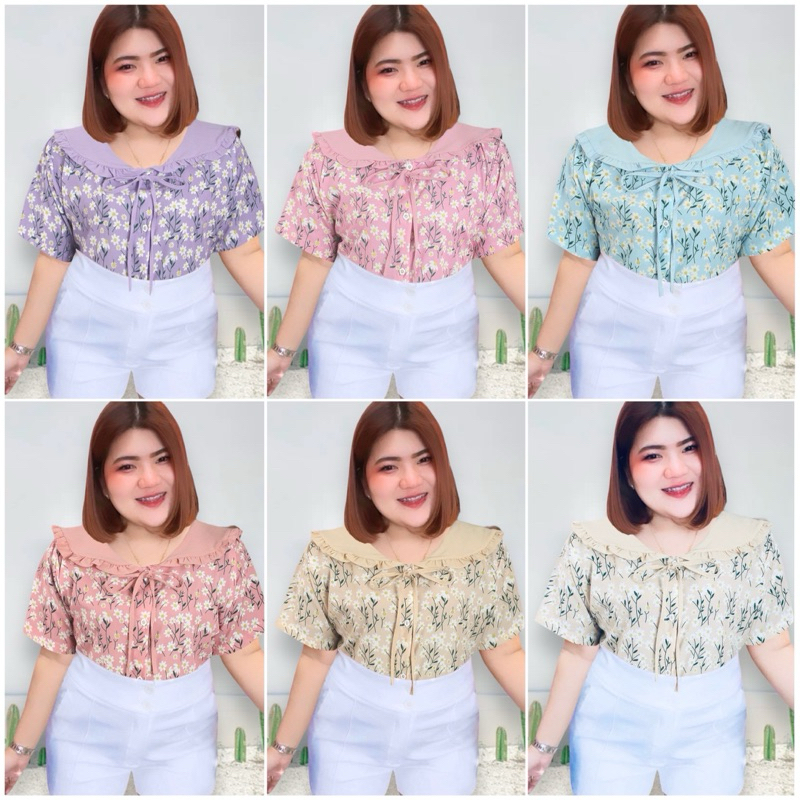 เสื้อสาวอวบ (คอบัว เดซี่ผูกโบว์) ผ้าครัช อก38-48 (หน้าผ้า50) ความยาว 26 กระดุมแกะใช้งานได้จริง น่ารักๆๆ