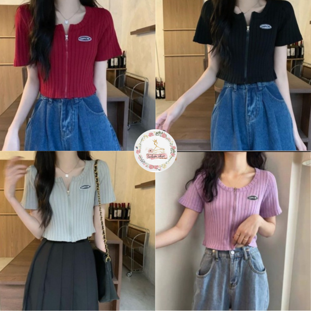 SALABO เสื้อครอปไหมพรม แขนสั้น ซิปหน้า ผ้าร่อง #K44