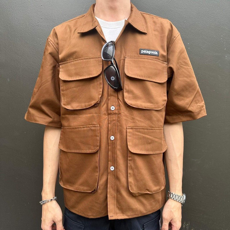 เสื้อเชิ้ตสไตล์Camping เสื้อเชิร์ตแขนสั้นงานแต่งกระเป๋าเทห์ๆ