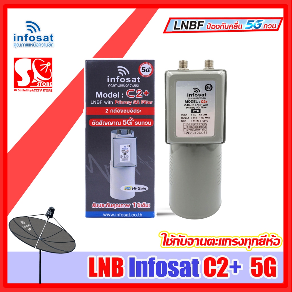 LNBF หัวจาน INFOSAT รุ่น C2+ ระบบ C-Band ตัดสัญญาณรบกวน 5G (ไม่มีสกาล่าริง) เฉพาะหัว LNB หัว 5G C2+ Infosat
