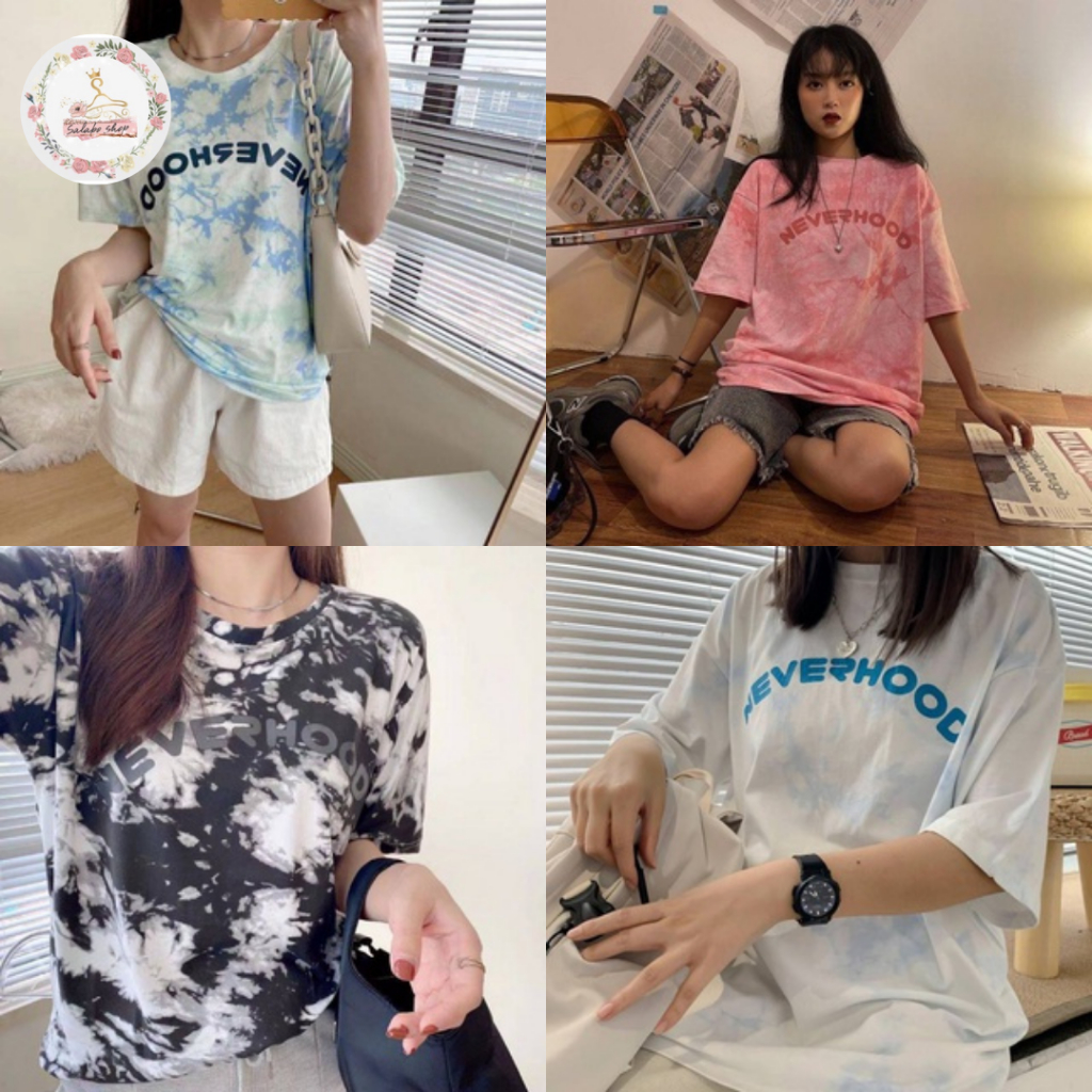 SALABO(พร้อมส่ง) เสื้อยืดคอกลมแขนสั้น Oversize ลายมัดย้อมสกรีนNeverhood ผ้านิ่มเด้งใส่สบาย #C004
