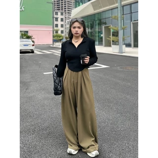 CiCi Plus+(105) กางเกงขายาว ผ้าทิ้งตัว ตะขอซิปหน้า ใส่เเล้วพรางหุ่น เหมาะสำหรับสาวพลัสไซส์