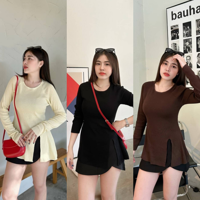 SpinnyHouse เสื้อตัวยาว ผ้าไหมพรม แขนยาว ด้านหน้าแต่งแหวกข้างให้ รุ่น กาหลง B-019-4-B