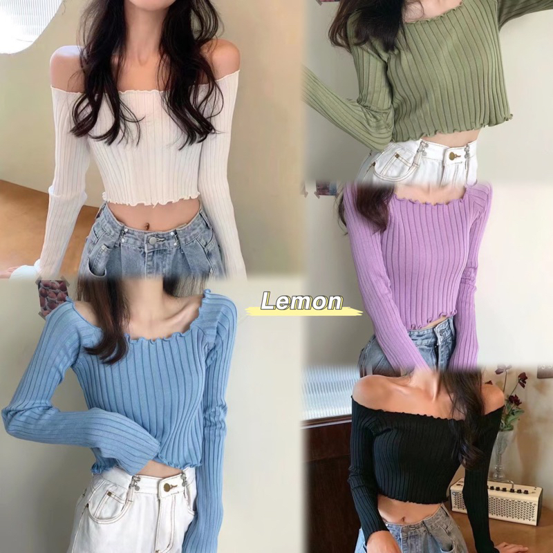 Lalisa พร้อมส่ง เสื้อปาดไหล่ ครอปเเขนยาว ผ้าร่อง เสื้อไหมพรมแขนยาว-ปาดไหล่ใส่ได้สองแบบ