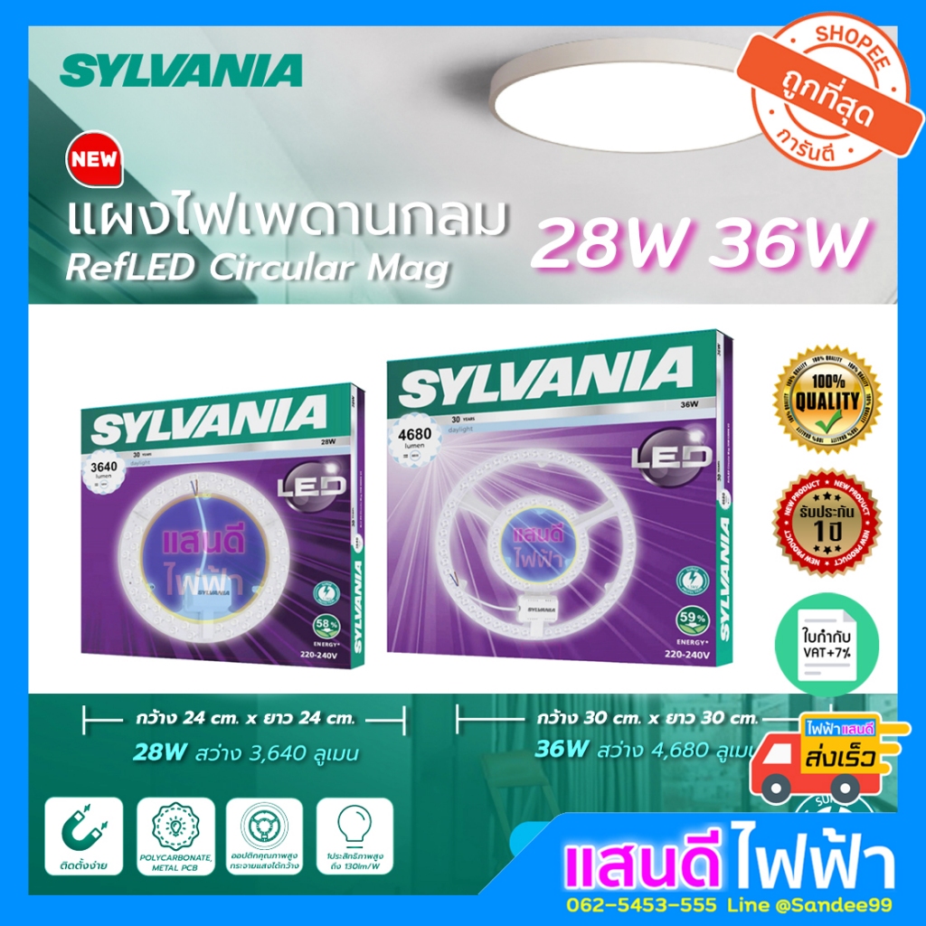 แผงไฟ LED 12W 18W 26W 36W Sylvania Lampo +แม่เหล็ก แสงขาว 6500k Day Warm โคมไฟเพดาน ซาลาเปา 32W