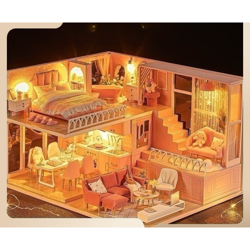 บ้านตุ๊กตา มีฝาครอบกันฝุ่น รุ่น L030 Little Time ห้องสีชมพูพร้อมโซฟาตุ๊กตากระต่าย DIYHouse บ้านจิ๋ว
