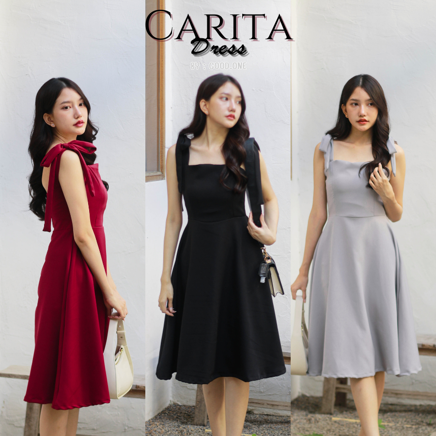 Carita Dress - เดรสสายเดี่ยว ผูกไหล่ กระโปรงบาน สีแดง เรียบหรู ดูแพง มีระดับ