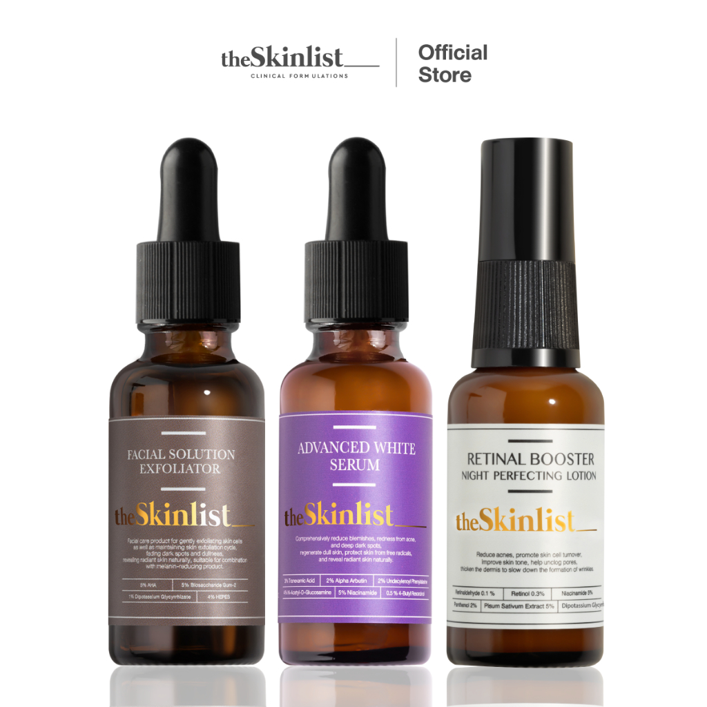 SET ฝ้า ริ้วรอย รูขุมขน The Skinlist Advanced White Serum + Facial Solution Exfoliator + Retinal Booster Night Perfect