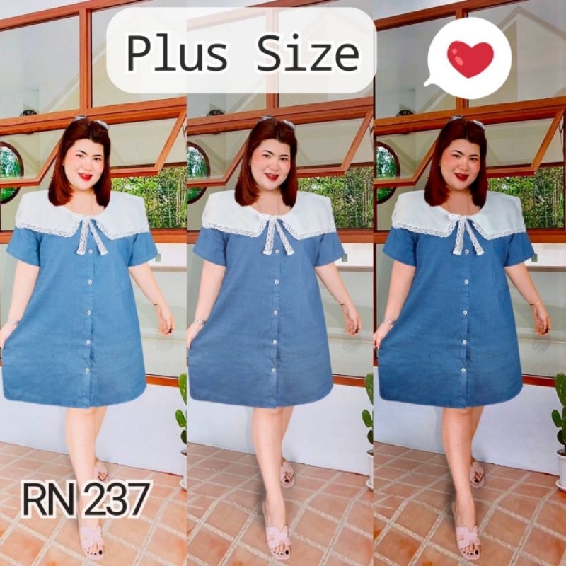 RN237.ชุดเดรสสาวอวบผ้ายีนส์ รุ่นปกขาวใหญ่ขอบลูกไม้