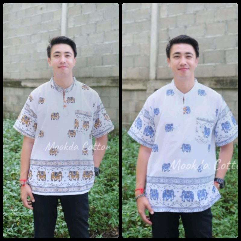 เสื้อผ้าฝ้ายคอจีนผู้ชายลายช้าง ผ้า 100 เส้นเนื้อนุ่ม