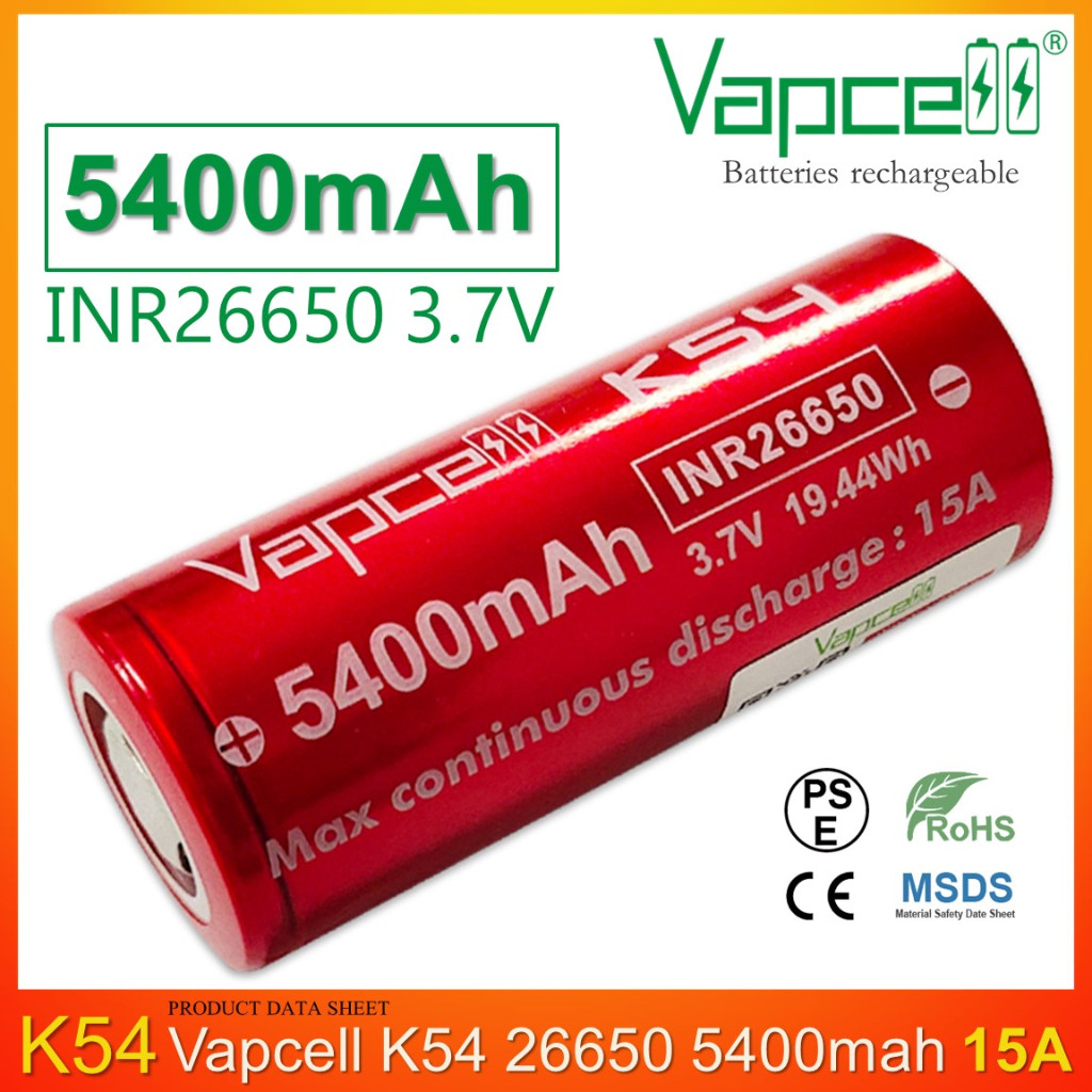 ถ่านชาร์จ Vapcell K54  INR26650 3.7V 5400mAh 15A สีแดง แบบหัวแบน