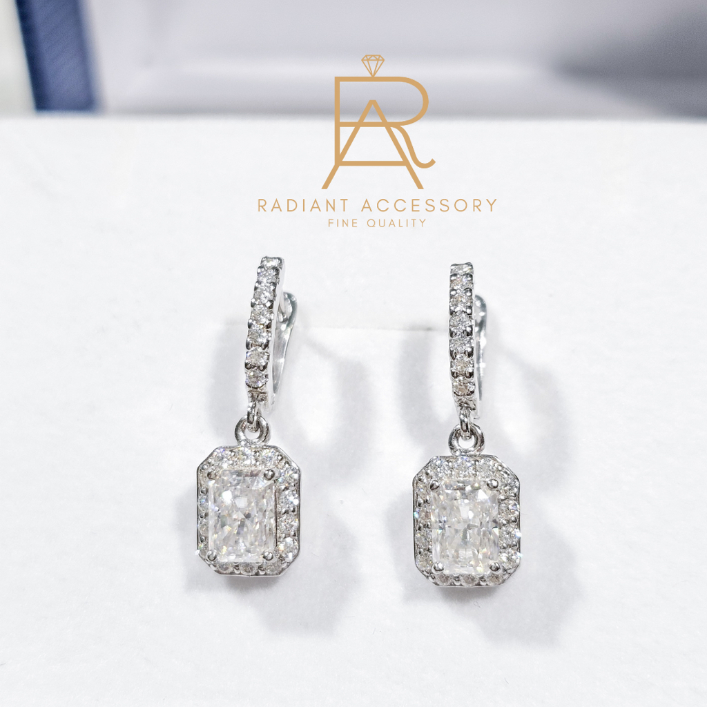 ต่างหูเงินแท้ ต่างหุตุ้งติ้ง ฝังเพชร Moissanite Radiant cut ชุบทองคำขาว
