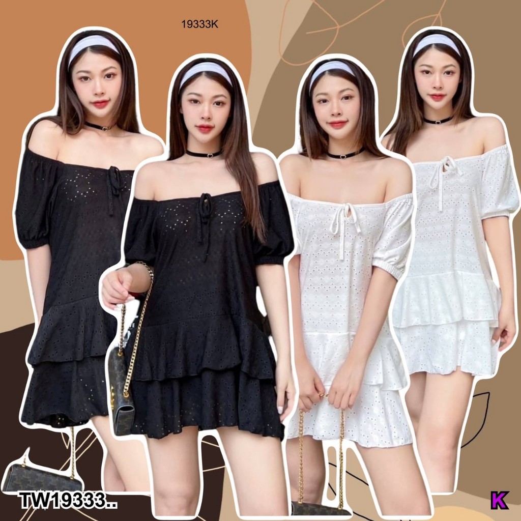 SS19333 Dress เดรสฉลุทั้งตัวแขนตุ้กตาเปิดไหล ..
