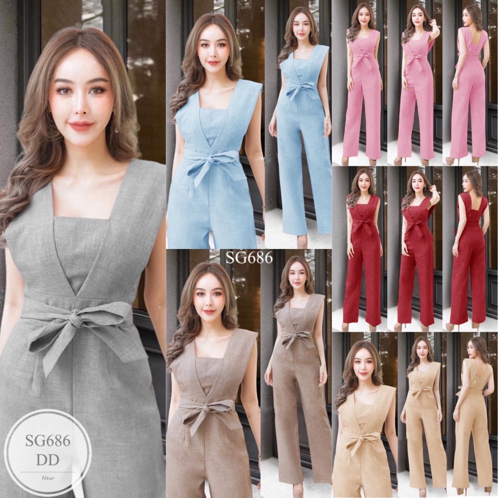 SG686 จั๊มสูทขายาว อกแต่งผ้าคาดอก มีโบว์ผูกหน้า งานซิปหลัง ทรงเข้ารูปสวย เนื้อผ้าลินินผ้าทอเนื้อดีทรงขายาว งานสุดหรู ทร