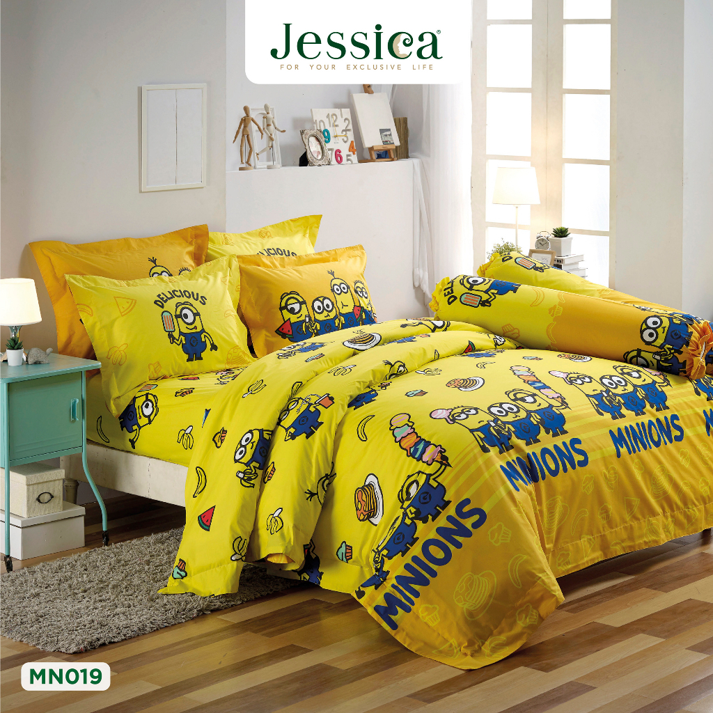 (ผ้าปูที่นอน) Jessica Cotton mix ลายการ์ตูนลิขสิทธิ์มินเนียน MN019 ชุดเครื่องนอน ผ้าห่มนวมครบเซ็ต ผ้าปูที่นอน เจสสิก้า