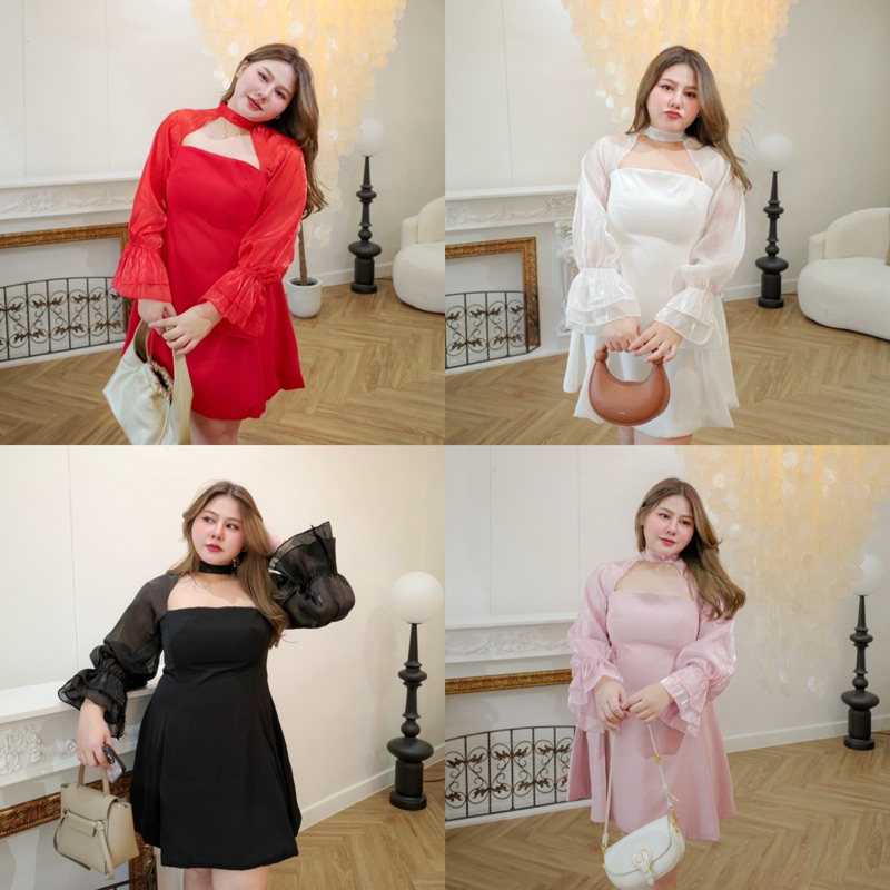 Annette dress ✨🎀 เดรสสั้นออกงานแขนผ้าโปร่ง - merrychubbyhouse