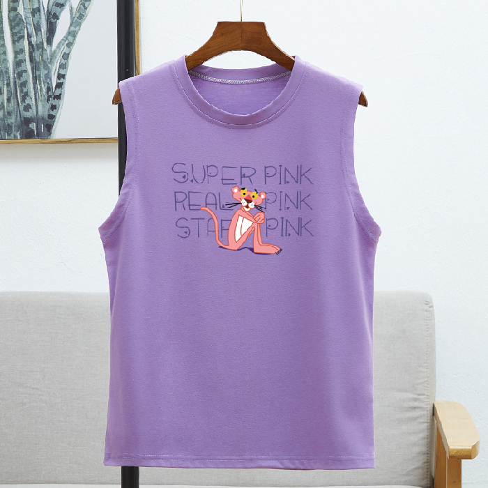 ที่ถูก ที่สุด ที่นิยมมาก ที่สุด การ์ตูนเสือดาวสีชมพู วงกลม เสื้อแขนกุด 8สี S~3XL