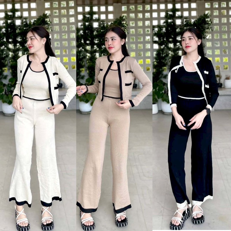 Beiiew ่ ชุดเซ็ทแมทซ์ 3in1 ทรงกล้ามสายเดี่ยวแพ็คมากับเสื้อคลุมแขนยาว + กางเกงขายาวงานนี้รับรอง สวย ดูดี ดูแพงกันเลยทีเดี
