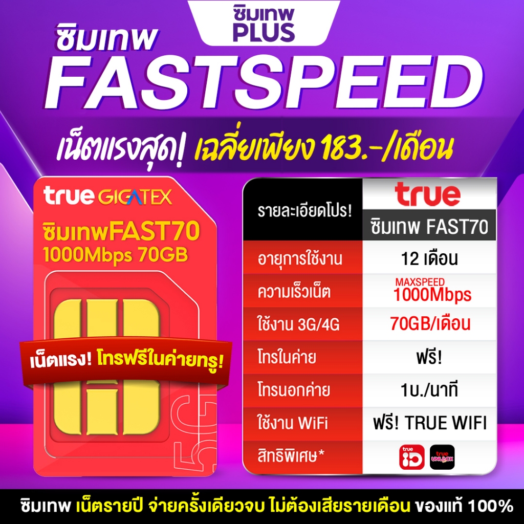 ซิมเทพทรู Fast70 GB ซิมเน็ต ซิมรายปี Max Speed ได้รับเน็ต 70GB ต่อเดือน อายุใช้งาน 1ปี # ซิมเทพพลัส