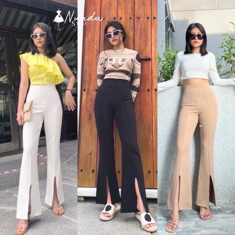 Nunda Style กางเกงขาม้า ผ่าหน้า คัตติ้งเป๊ะ เอวสูงมาก ตีเกล็ดด้านหน้า เพิ่มความผอม เพรียว ขายาวไปอีก ใส่แล้วมง ลง