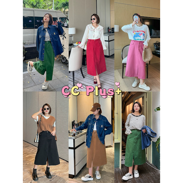 CiCi Plus+(8051)กระโปรงยาวผ้าลูกฟูก ดีเทลผ่าด้านหน้า เหมาะสำหรับสาวพลัสไซส์