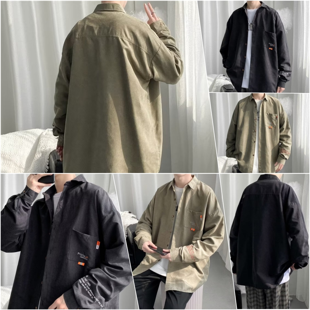 WMA31 เสื้อคอปกชาย แขนยาวลําลอง ทรงหลวม แฟชั่นทรงหลวมเท่ๆ สีดำ/เขียว M-XXL