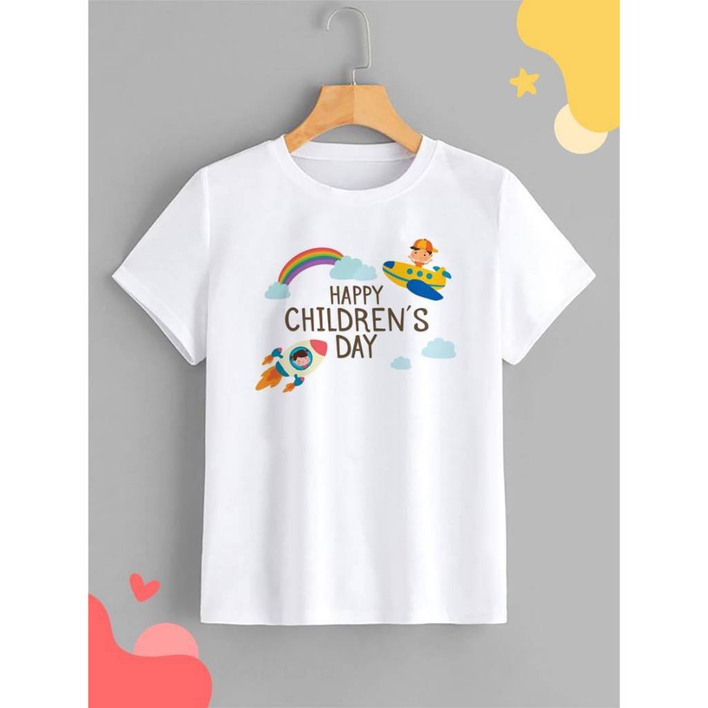 เสื้อยืดวันเด็ก Happy Children's Day สีสดใส ลายจรวด เครื่องบิน