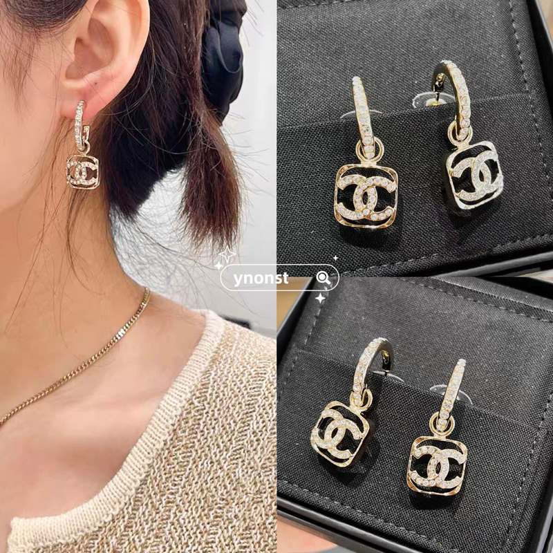 💯  ของแท้ CHANEL 23p ใหม่ต่างหูสตั๊ดแสงทองสแควร์กลวงออก Rhinestone รอบต่างหูห่วง