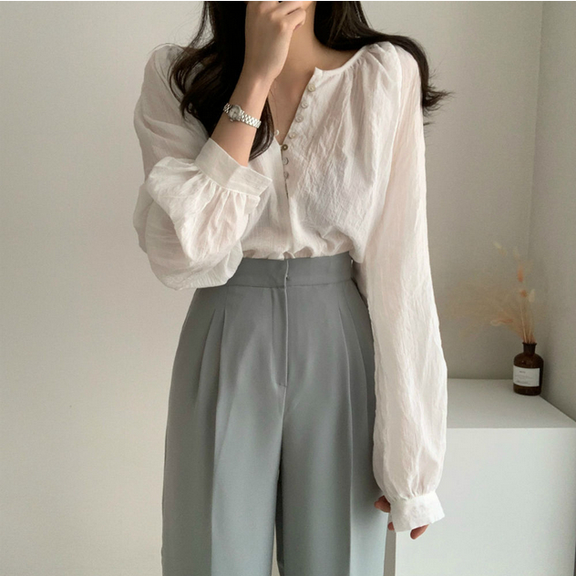 (พร้อมส่งจากไทย) เสื้อคอกลมแขนยาวติดกระดุมใส่สบาย [C37]