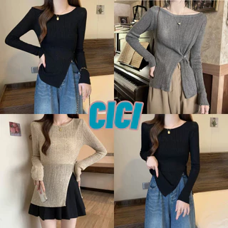 ส่งทันที Cici(NO. X030/18CX65)เสื้อเเขนยาวไหมพรม ผ้าร่อง ดีเทลเเหวกชายเสื้อ แฟชั่นกระดุมติดข้าง สไตล์เกาหลี