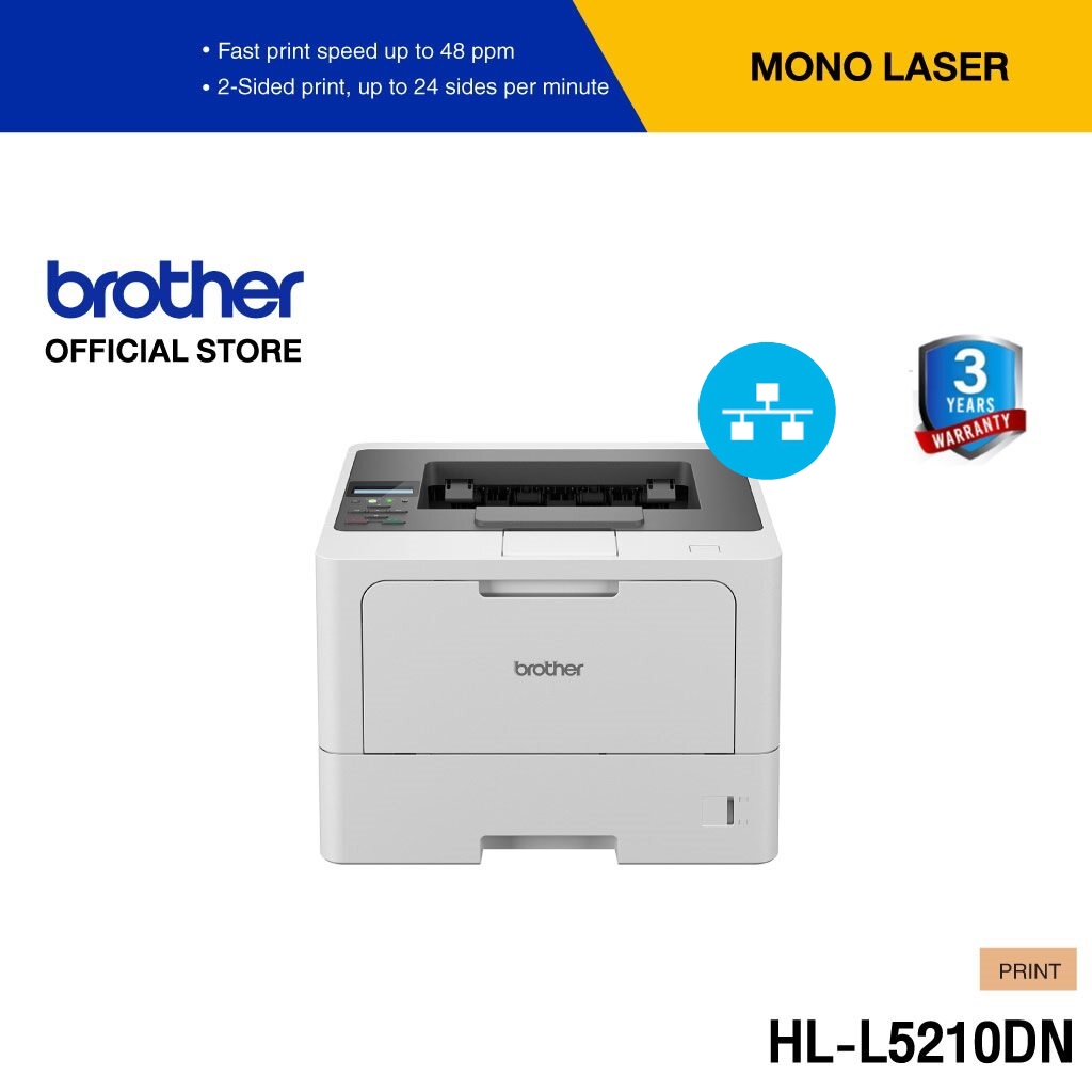 Brother HL-L5210DN Mono Laser เครื่องพิมพ์เลเซอร์ ปริ้นเตอร์ขาว-ดำ พิมพ์ 2 หน้าอัตโนมัติ.ความเร็วในการพิมพ์ 48 หน้า/นาที