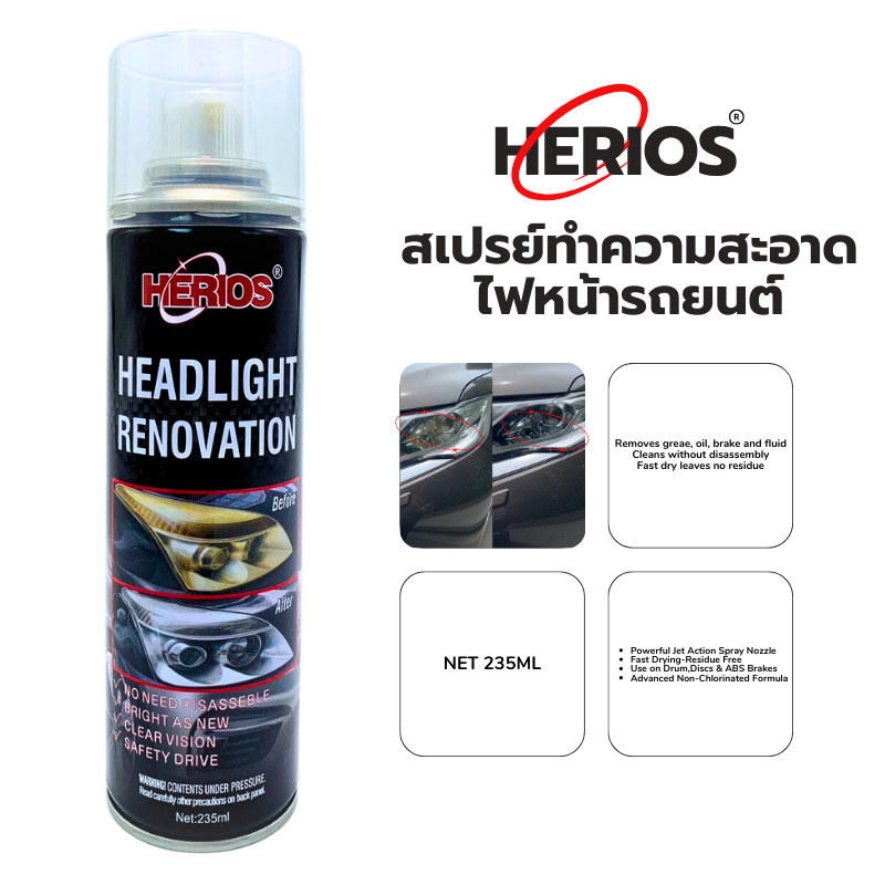 HERIOS สเปรย์ทำความสะอาดไฟหน้ารถยนต์ ขัดไฟเหลือง ขัดไฟทำความสะอาด สุทธิ 235ML