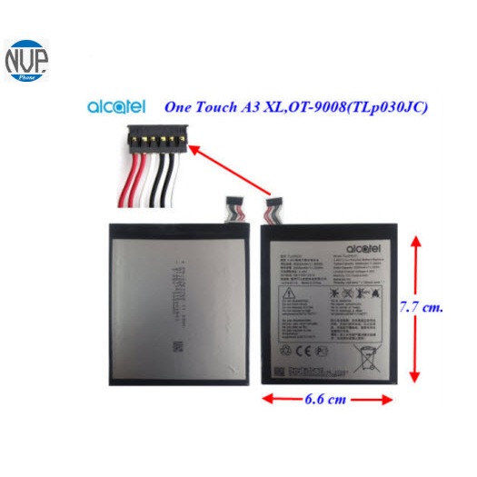 แบตเตอรี่ Alcatel One Touch A3 XL,OT-9008(TLp030JC)     6.6x7.7 cm. 3000 mAh.