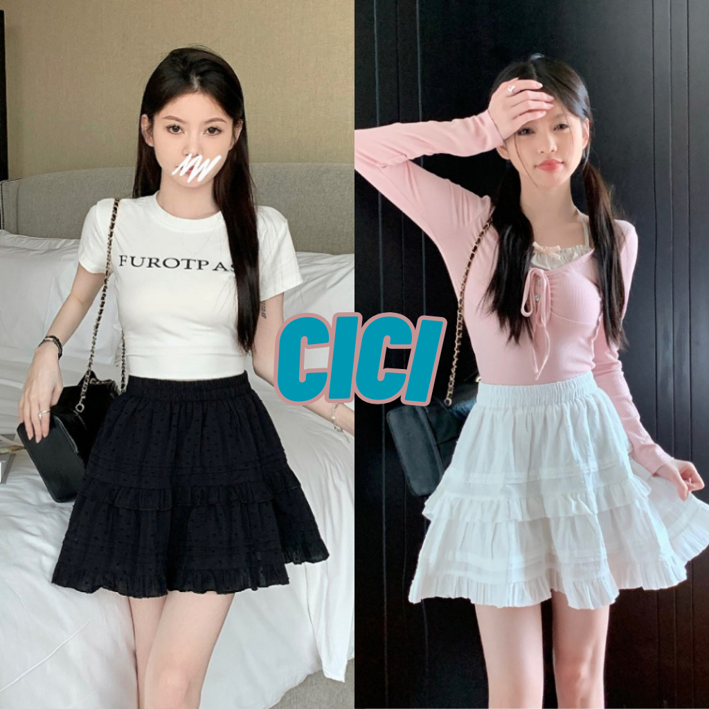 ส่งทันที Cici(NO. 1023)กระโปรงผ้าฝ้าย เอวสม๊อก แต่งระบายมีซับด้านใน สามารถจับเเมทซ์ได้ทุกลุค
