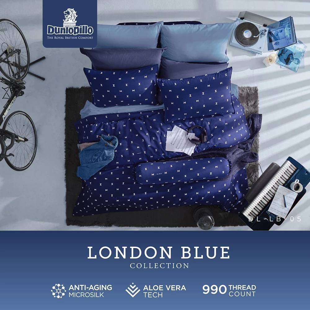 Dunlopillo ชุดผ้าปู + ผ้านวมเย็บติด รุ่น London Blue เทคโนโลยีผ้าถนอมผิว ทอ 990 เส้นด้าย