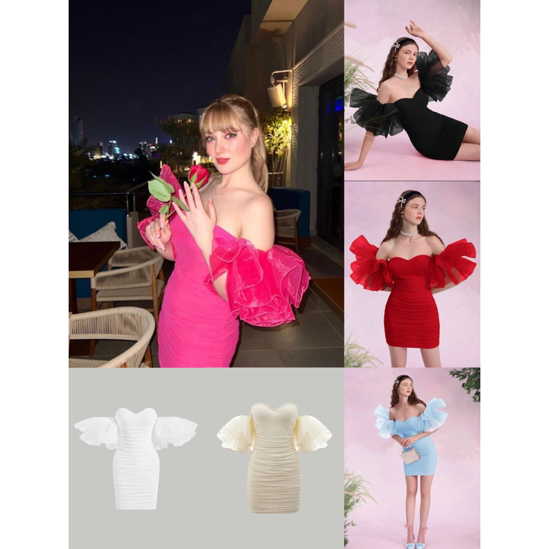 ( พร้อมส่งในไทย สีชมพู/ แดง บางไซซ์ )นางแบบใส่งานจริง เดรสแขนพอง แขนฟู