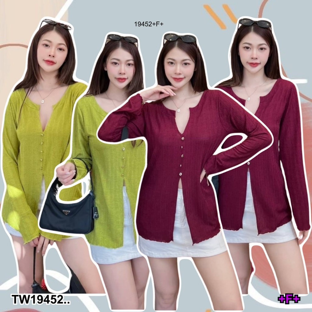 TwinsShopVip💗พร้อมส่ง TW19452 เสื้อแขนยาว คอวีบนล่าง ..