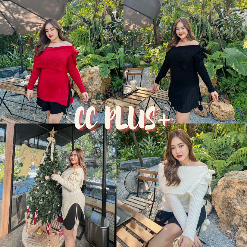 2ชิ้นลด50% (Z29802) เสื้อเเขนยาวไหมพรมปาดไหล่ ดีเทลเเต่งรูสอดโบว์ด้านข้างของปก แหวกข้าง แฟชั่นฤดูหนาวสไตล์สาวพลัสไซส์