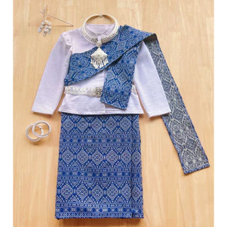 ชุดเซตเสื้อผ้าฝ้าย ผ้าถุงลาวทอลายพร้อมสไบ ชุดภาคอีสานเด็ก