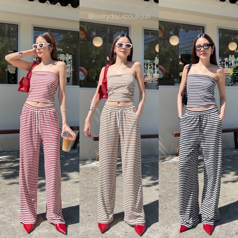 Striped set รุ่นใหม่ สดใสน่ารักจนใจเจ็บจี้ด!!..(450฿) เซ็ตเสื้อเกาะอกดีเทลผ่าโชว์อกด้านหน้า มาพร้อมกางเกงขายาว amuse