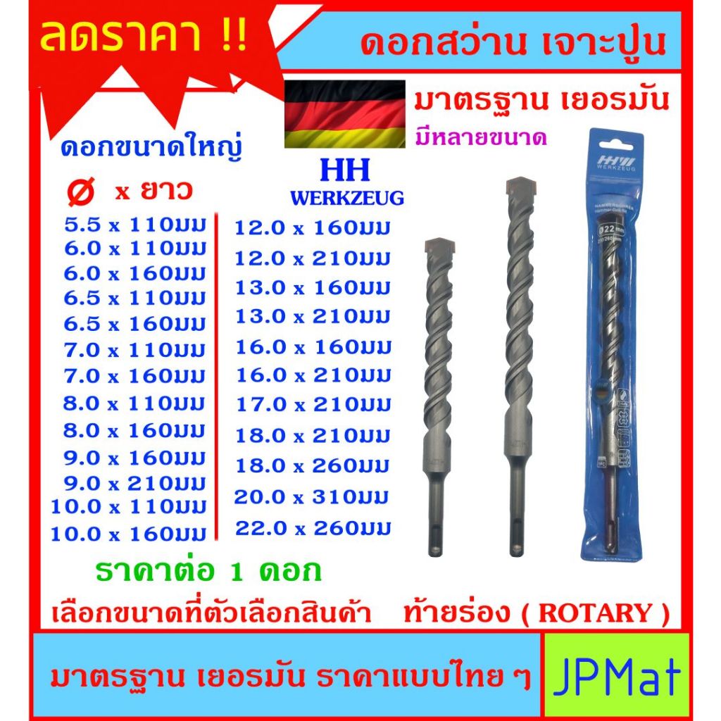 2 แฉก HH WERKZEUG ดอกสว่านเจาะปูน เกรด เยอรมัน ท้ายร่อง Rotary ขนาดใหญ่ มีหลายขนาดให้เลือก ราคาต่อ 1 ดอก