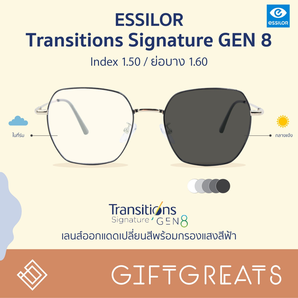 ESSILOR Transition Signature GEN8 - เลนส์กรองแสงสีฟ้าออกแดดเปลี่ยนสี ทรานซิชั่นส์ Auto