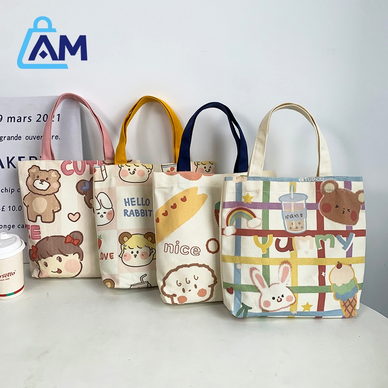 AmBag กระเป๋าสำหรับผู้หญิง ผ้าแคนวาส กระเป๋าคล้องแขน สไตล์เกาหลี มีให้เลือก 6 ลาย น่ารักมาก พร้อมส่ง