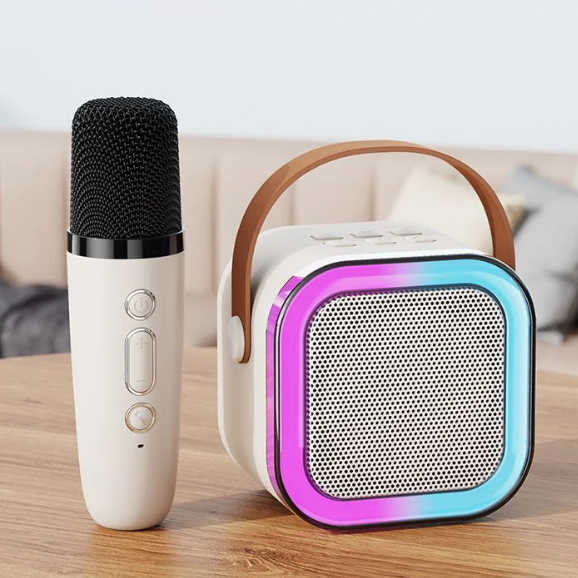 K12 ลำโพงบลูทูธ ลำโพงบลูทูธช่วยสอน Blutooth Karaoke Speake ไมโครโฟนคู่ ลำโพงร้องคาราโอเกะ มีแสงไฟสีรุ้งสวย