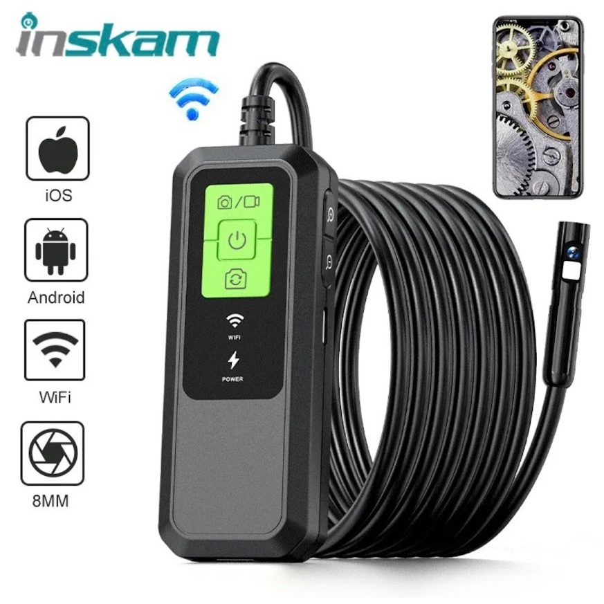Inskam กล้องเอ็นโดสโคปอุตสาหกรรม WiFi กล้องตรวจสอบไร้สายเลนส์คู่กันน้ำ8มม.ปรับได้8LEDสำหรับSmartPhone