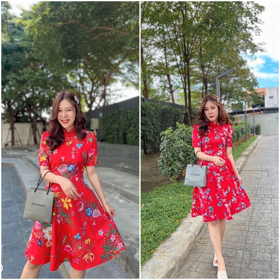 BS3465 เดรสกี่เพ้า คอจีนติดกระดุมจีน ลายดอกผ้าไหมอิตาลี ผ้าพริ้วใส่สบาย งานซิปหลัง