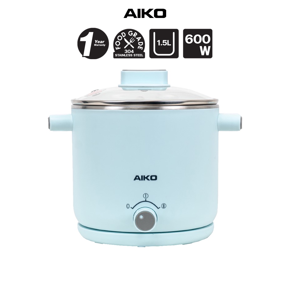 AIKO AK-F15 สีฟ้า หม้อต้มไฟฟ้าอเนกประสงค์ สแตนเลส 304 ความจุ 1.5 ลิตร *** รับประกัน 1ปี