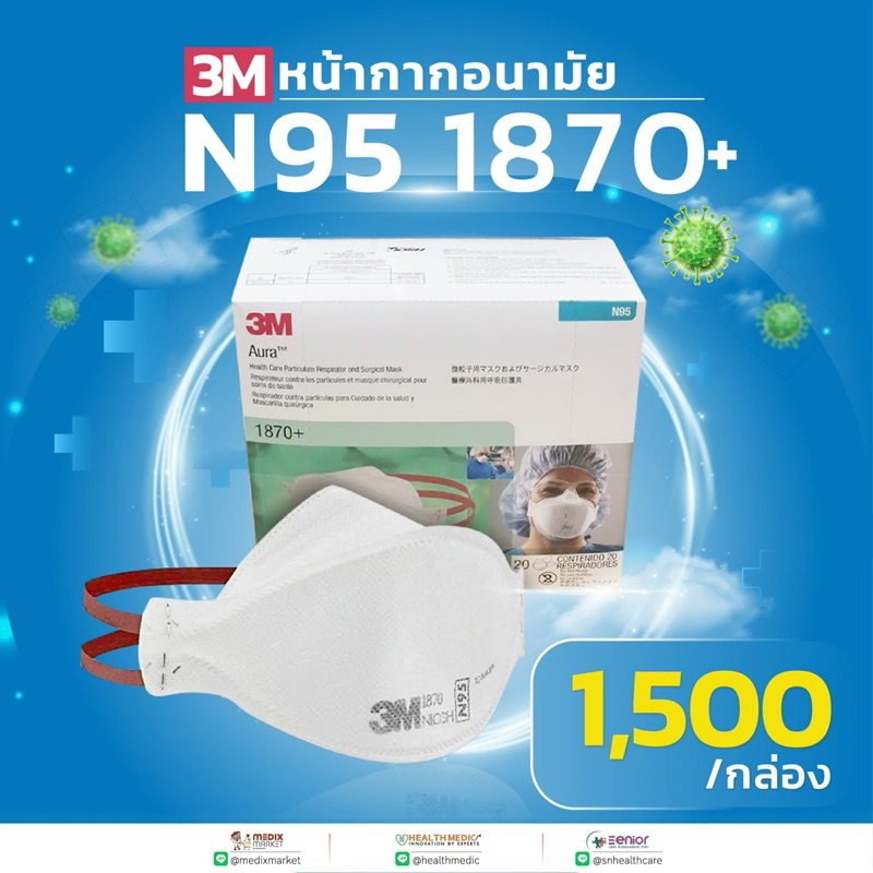 3M หน้ากากอนามัย N95 รุ่น Aura 1870+ รุ่นพิเศษป้องกันเชื้อวัณโรค  ฝุ่น PM 2.5 Covid ไข้หวัดใหญ่ *ของ