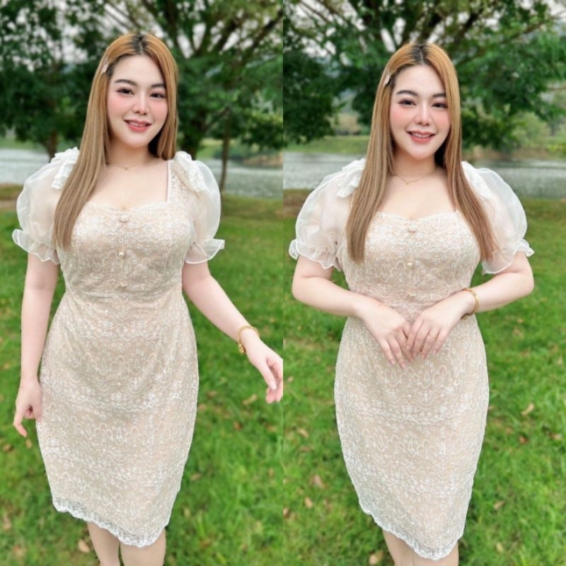 เดรสแขนแก้วแต่งโบวไหล่ใส่ออกงาน