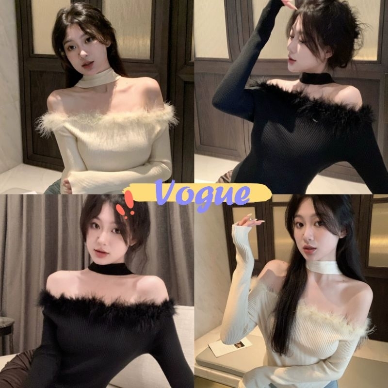 Vogue พร้อมส่ง เสื้อคล้องคอ เปิกไหล่ ขนมุ้งมิ้ง สองสีใส่สบาย (77083)